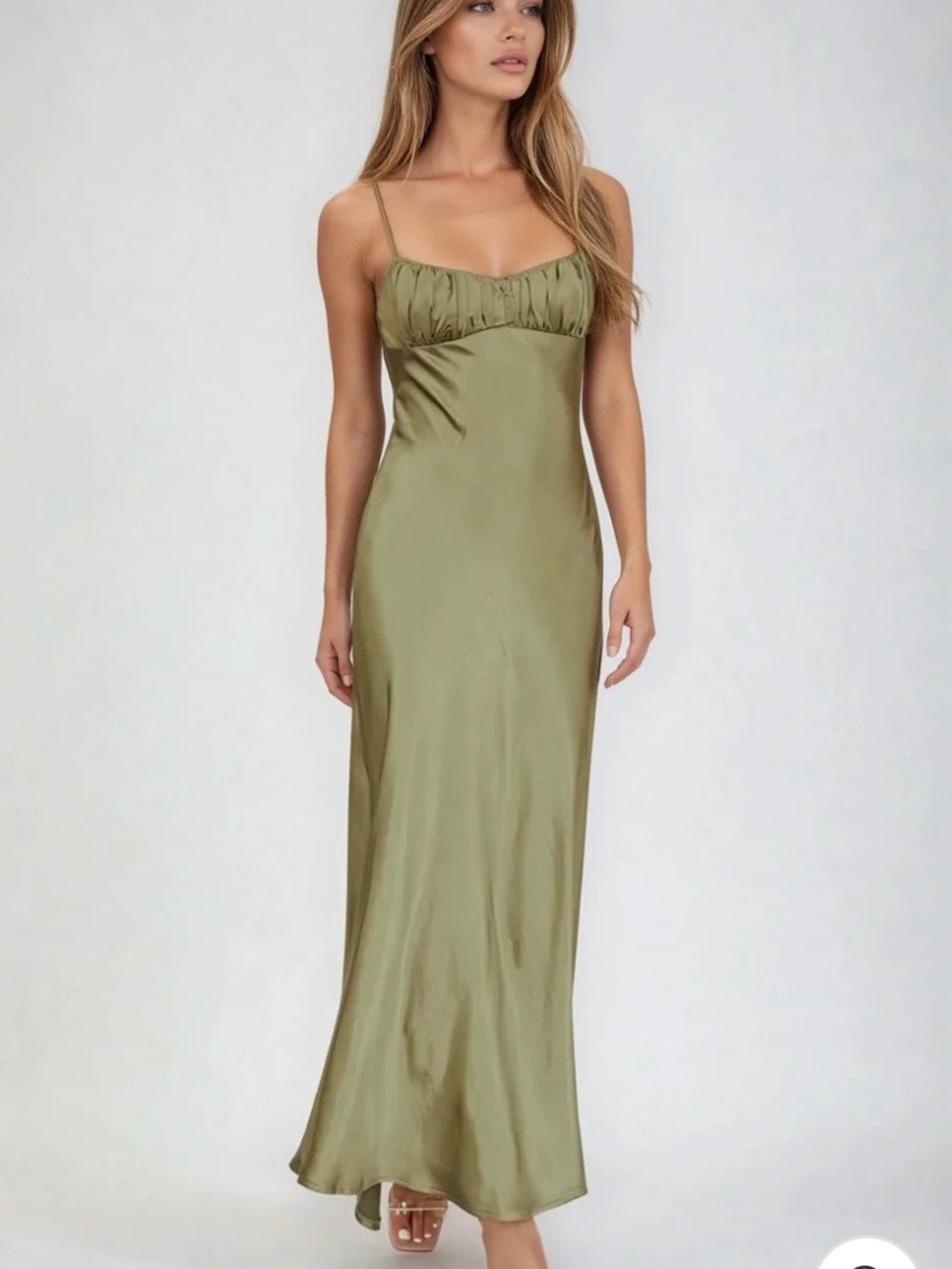 Olive Satin Slip Maxi Dress with Spaghetti Straps